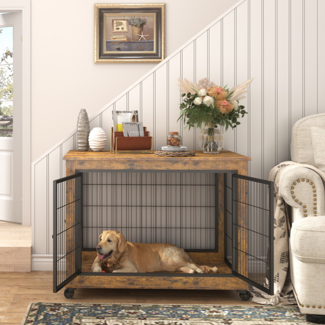 Double Door Rustic Brown Dog Cage Crate