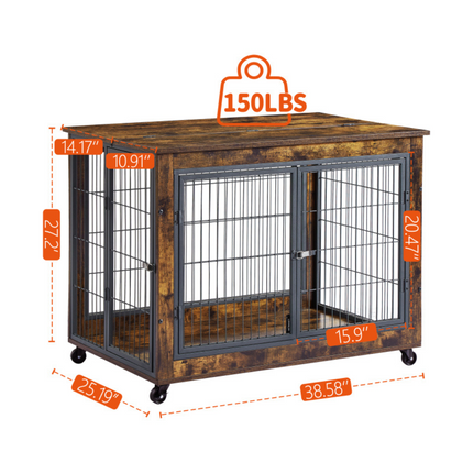 Double Door Rustic Brown Dog Cage Crate