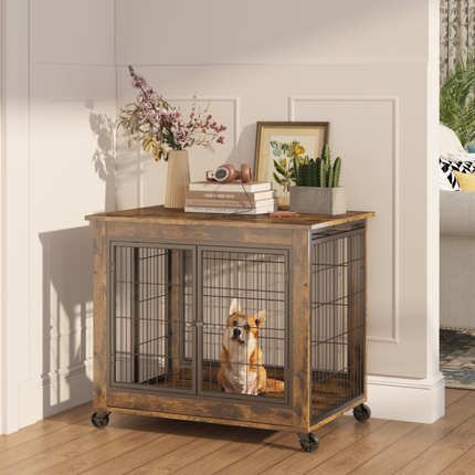 Double Door Rustic Brown Dog Cage Crate