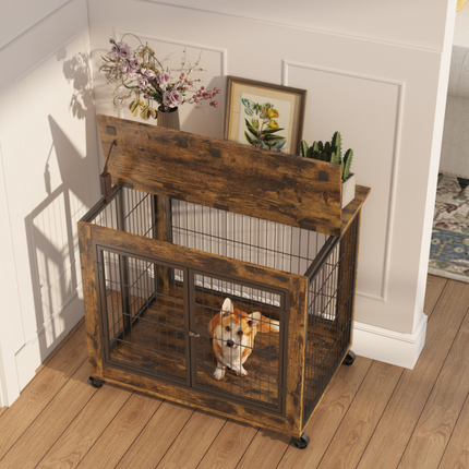 Double Door Rustic Brown Dog Cage Crate