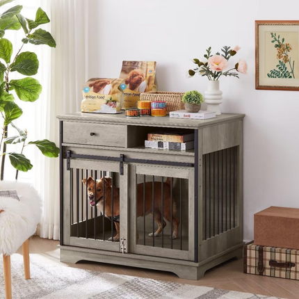 Grey Sliding Door Dog Crate with Convenient Drawers