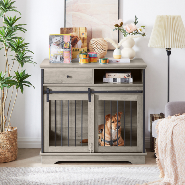 Grey Sliding Door Dog Crate with Convenient Drawers