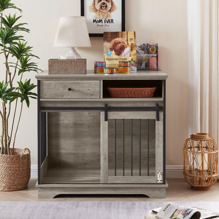 Grey Sliding Door Dog Crate with Convenient Drawers