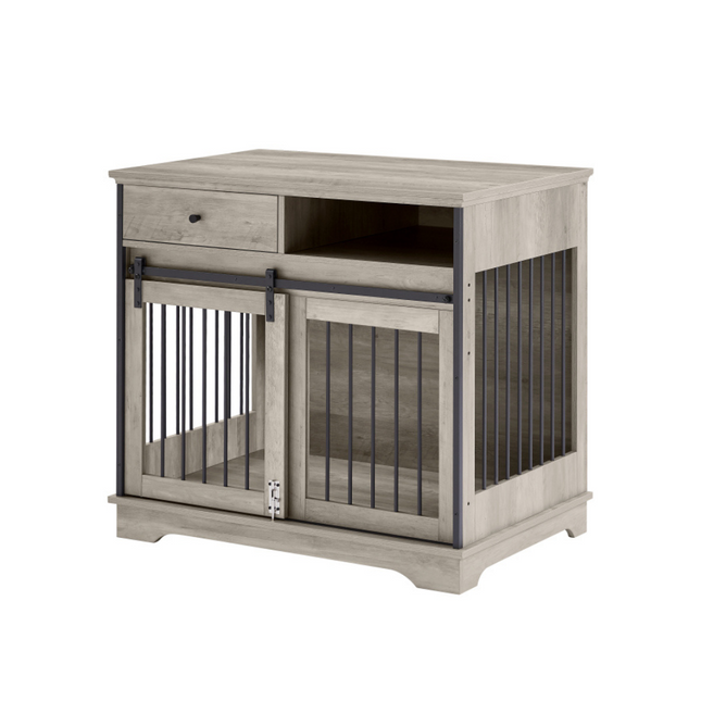 Grey Sliding Door Dog Crate with Convenient Drawers