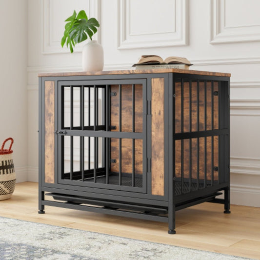 Stylish Rustic Brown Wooden Dog Crate Table with 2 Sliding Doors | Purrfect Pet Haven