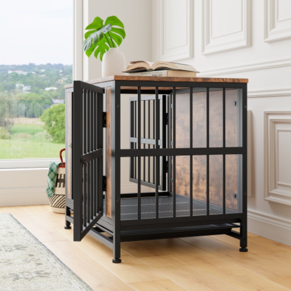 Stylish Rustic Brown Wooden Dog Crate Table with 2 Sliding Doors | Purrfect Pet Haven