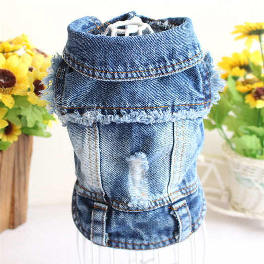 Ripped Fringe Denim Jacket - Full Size Pet Clothes