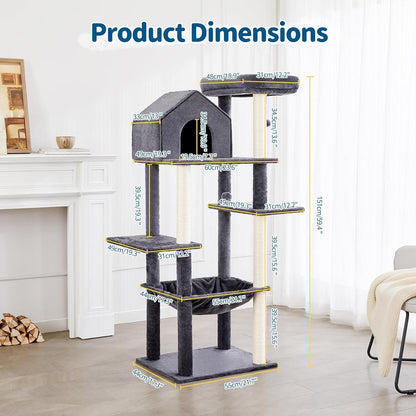 60 Inch Multi-Level Cat Tree For Indoor Cats With Plush Hammock