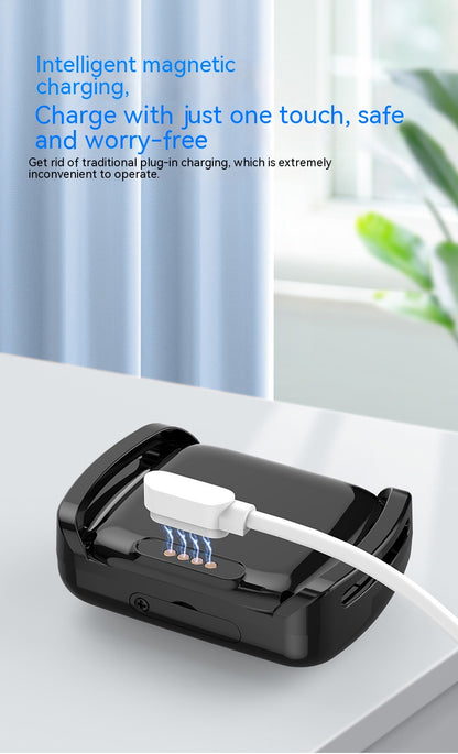 Black magnetic charging device with white cable on a light surface, with text about intelligent magnetic charging.