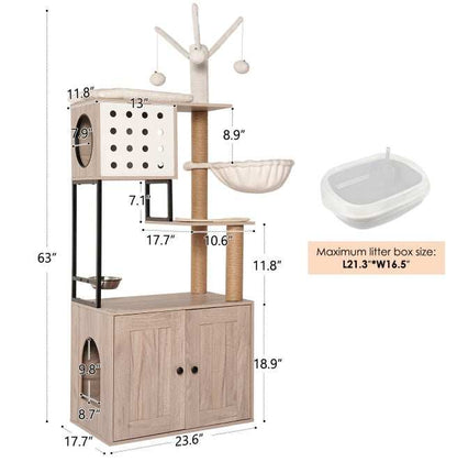 Cat Tree With Litter Box Enclosure - Modern 3-in-1 Cat Condo With Scratching Posts