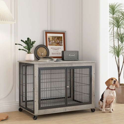 Furniture Style Dog Cage Side Table with Wheels Double Doors and Raised Top