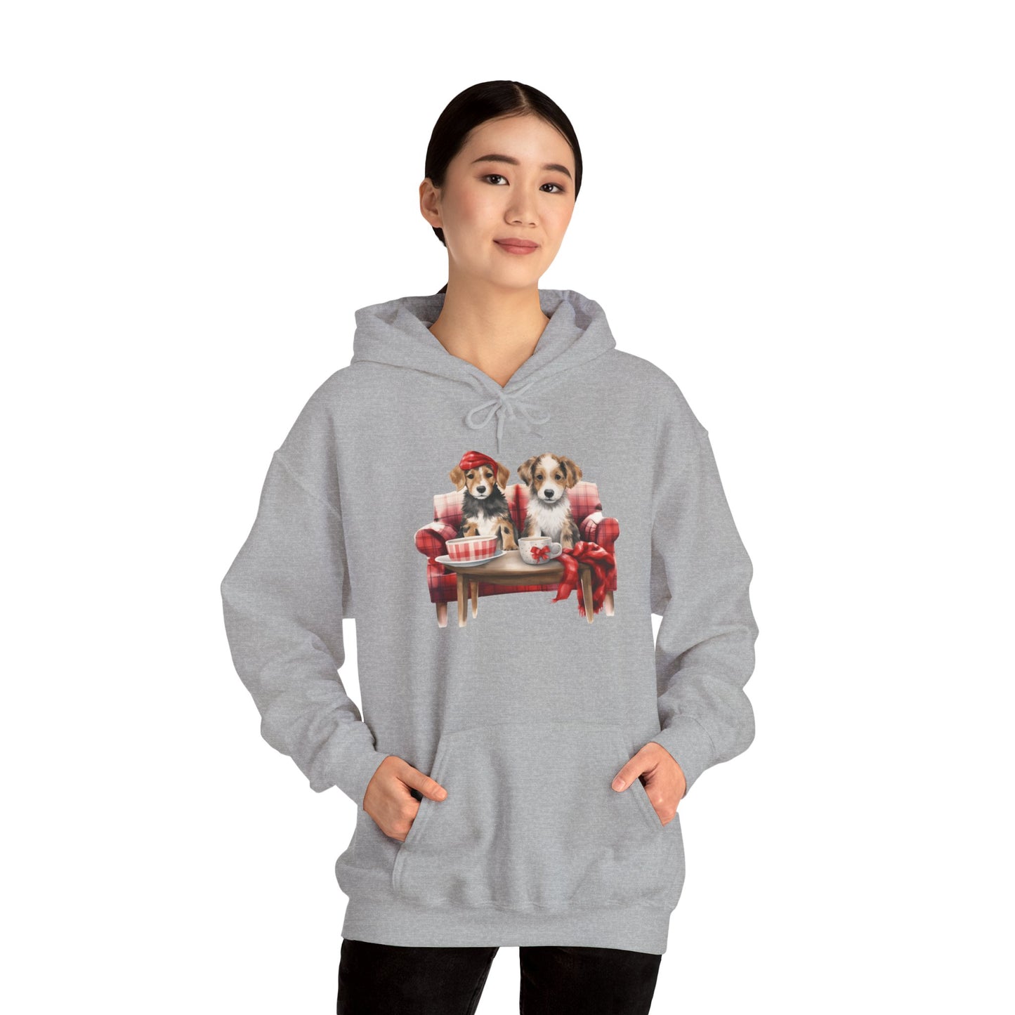 Christmas Puppies Hoodie - Festive Dogs on Sofa Holiday Sweatshirt