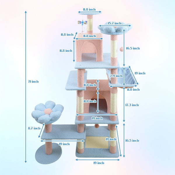 Flower Cat Tree 71" Pink - Large Condo with Removable Cushion - Purrfect Pet Haven