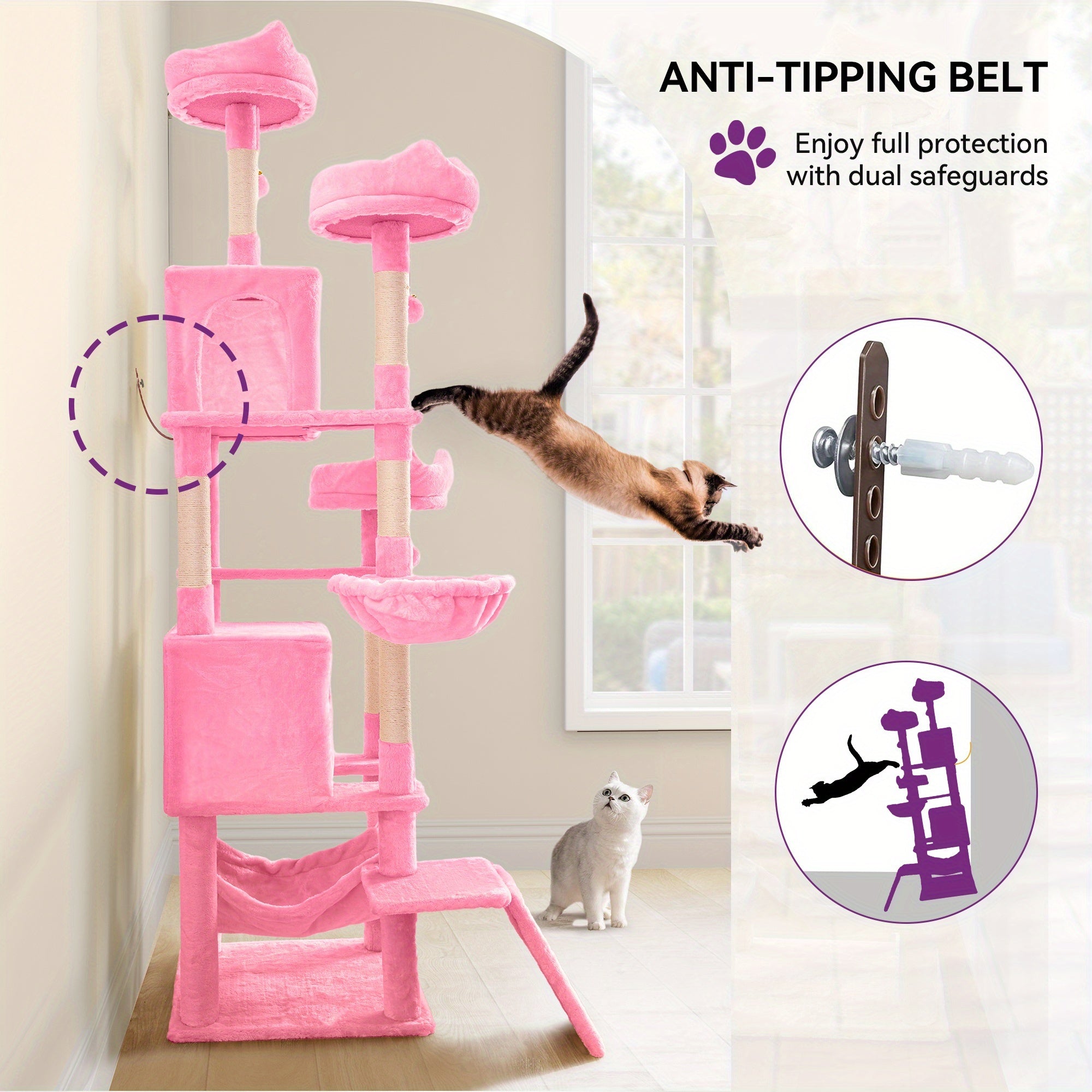 Tall 75in Cat Tree Tower For Indoor Cats Multi-Level Cat Climbing Two Condos