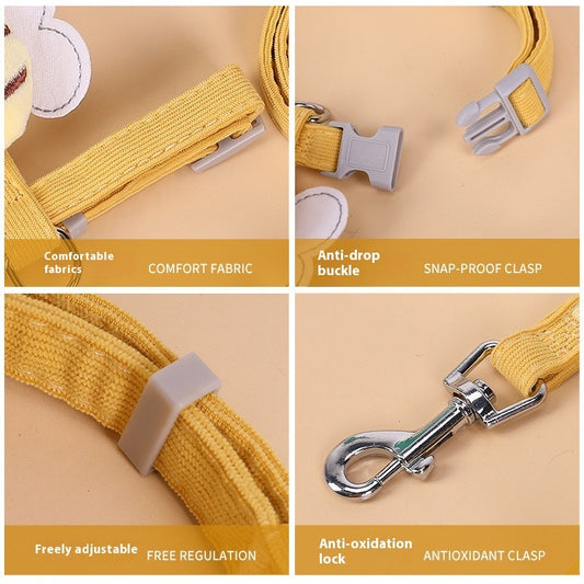Yellow dog leash with features highlighted on a beige background