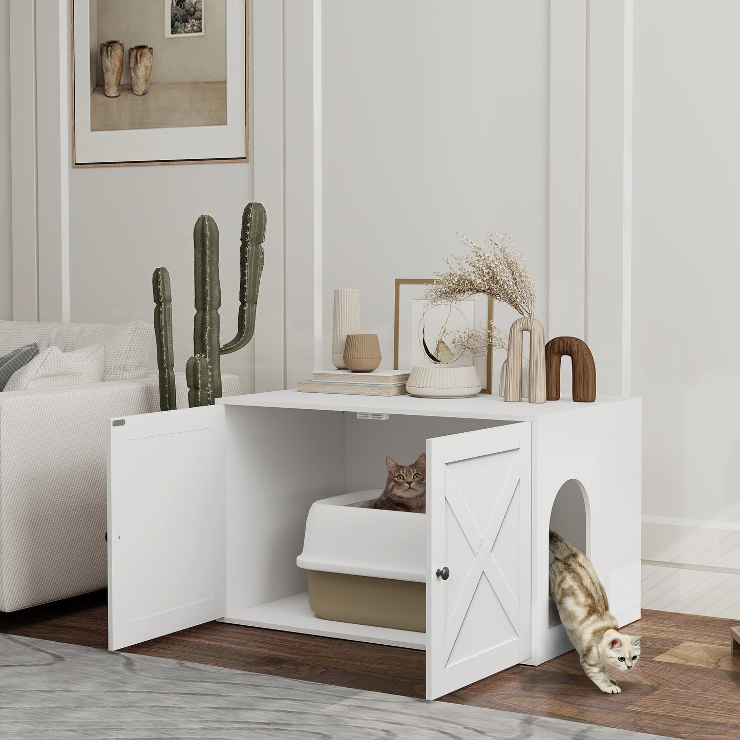 Cat Litter Box Enclosure with Barn Door - Hidden Cabinet 31.5x21x20