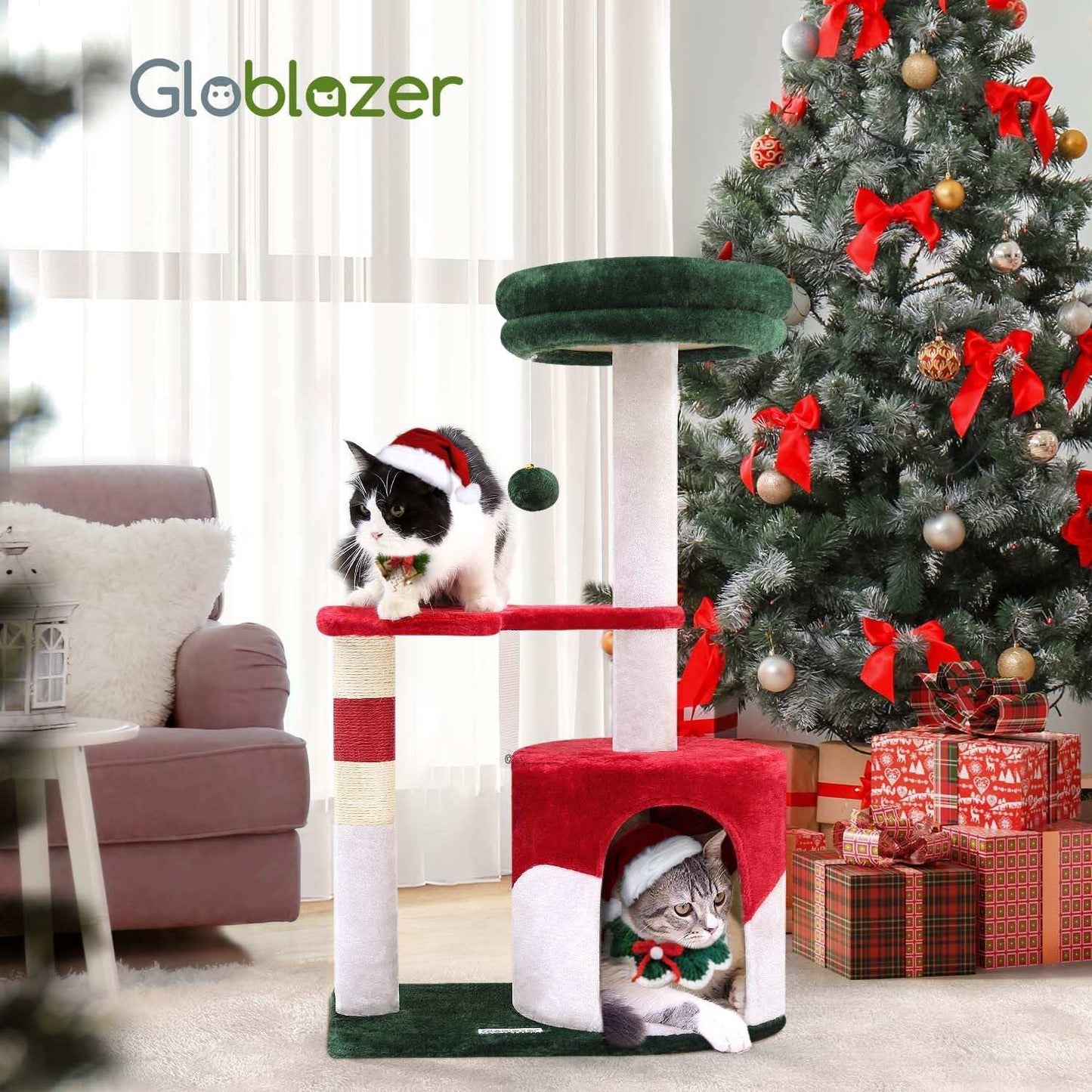 33 Inch Christmas Style Cat Climbing Frame - Festive Holiday Cat Tree Tower