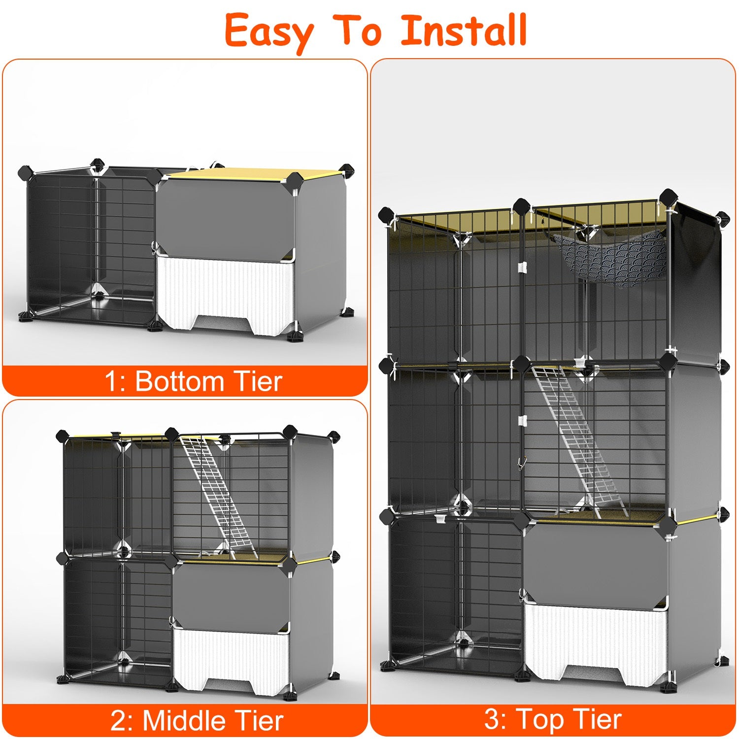 3 Tier Cat Cage Indoor With Litter Box Hammock Detachable Metal Wire Cat Kennel Cat House Cat Enclosure With Ladder For 1-2 Kittens - Purrfect Pet Haven