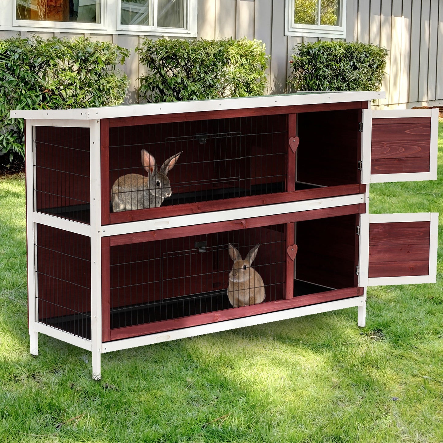Rabbit Hutch - 2-Story Wooden Outdoor Cage with Run