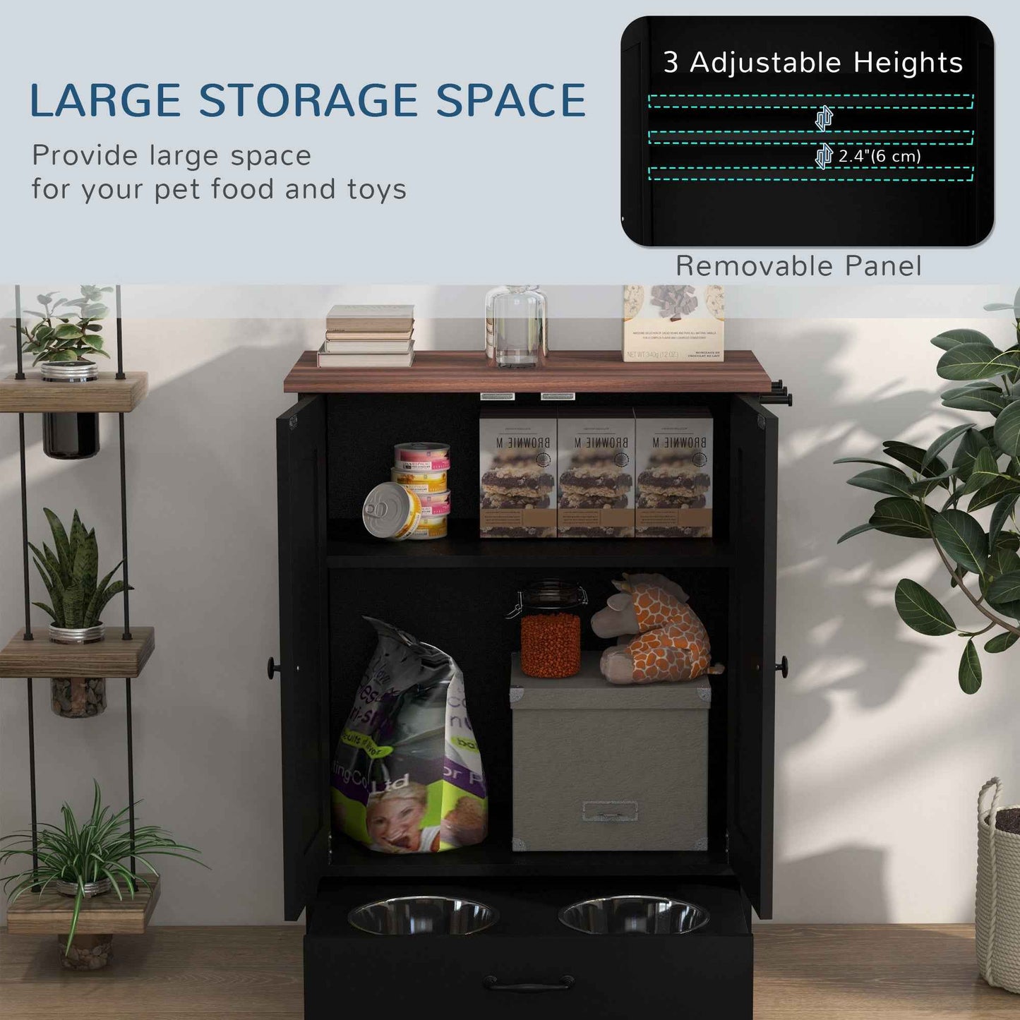 Dog Feeding Station Cabinet - Raised Bowls Storage and Hooks