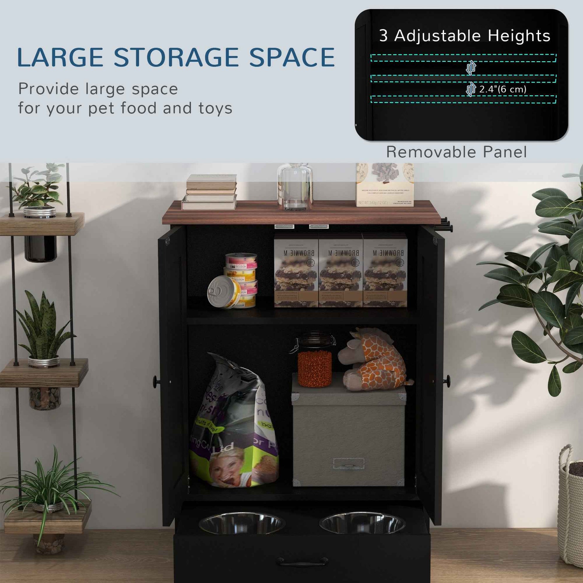 Dog Feeding Station Cabinet - Raised Bowls Storage and Hooks