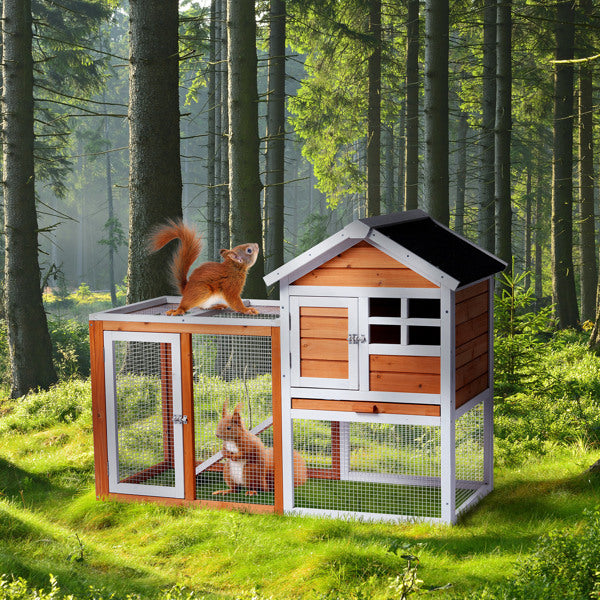 Wooden Rabbit Hutch with Run - Fir Wood with Ladder