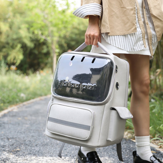 Person holding a transparent pet carrier with 'My Pet Carrier' branding outdoors.