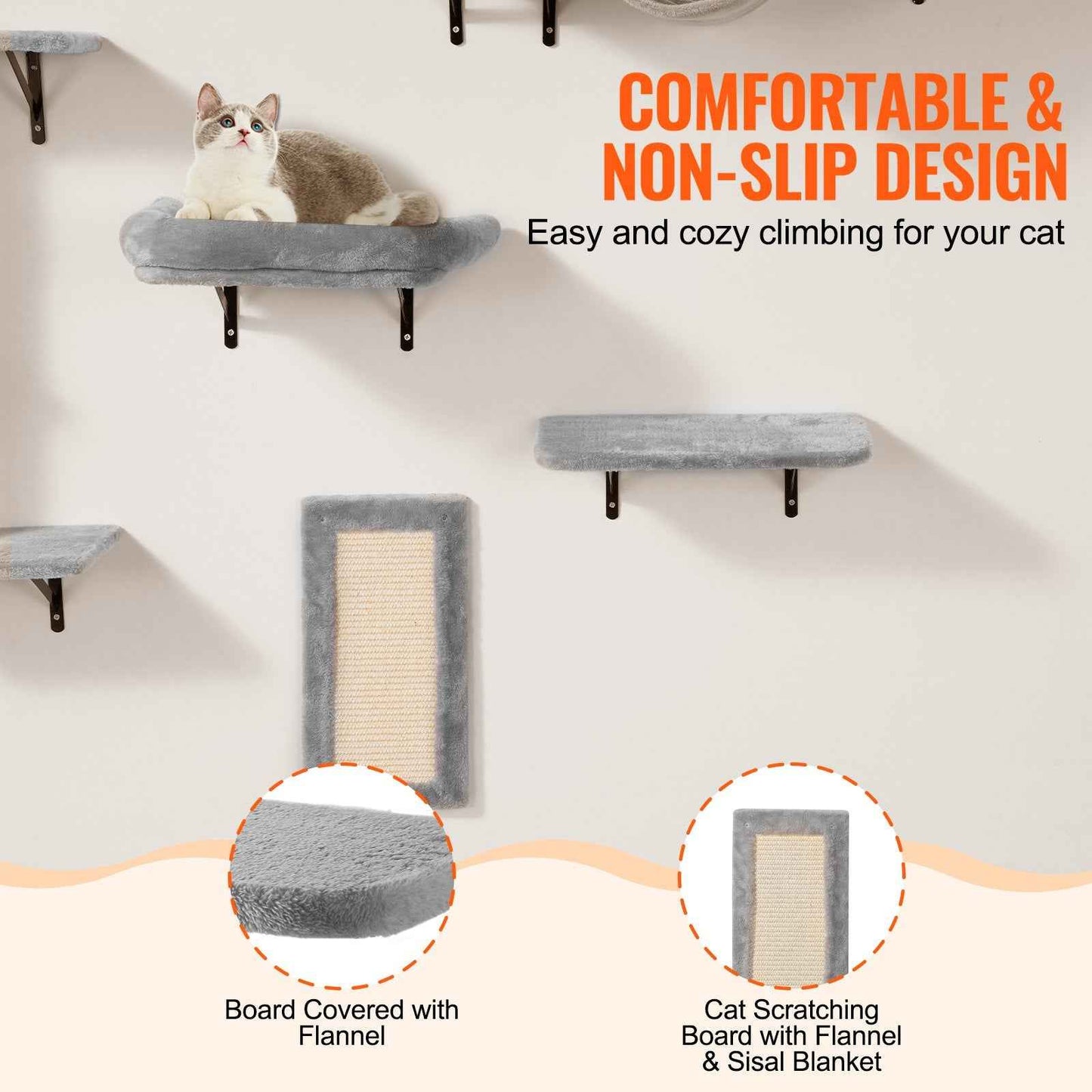 Wall Mounted Cat Shelves Tree With Jump Boards Hammock Sofa Grip Set Of 6