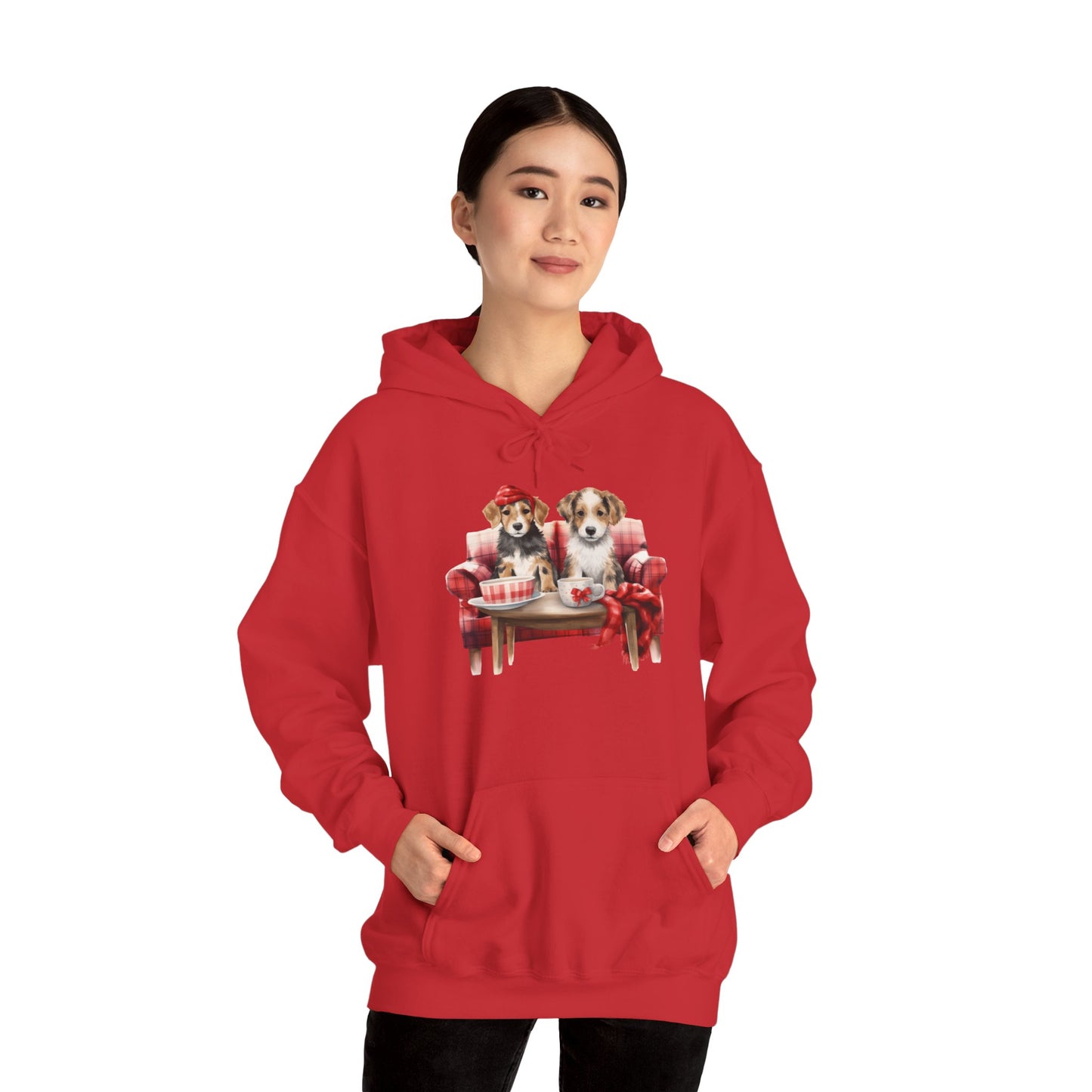 Christmas Puppies Hoodie - Festive Dogs on Sofa Holiday Sweatshirt