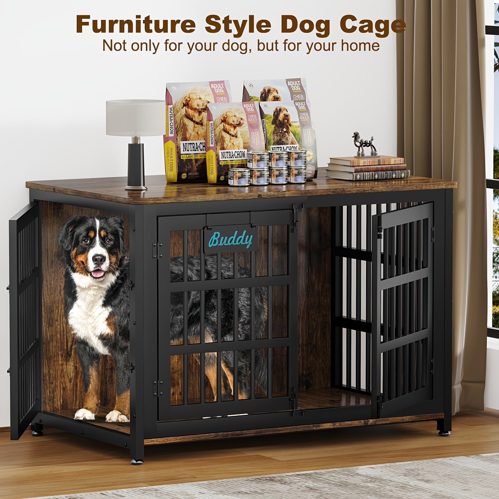 Heavy Duty Dog Crate Furniture for Large Dogs - Double Door Escape-Proof Kennel