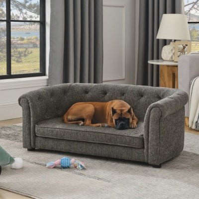 Pet Sofa With Arc-shaped Backrest And Armrests, Contemporary Rectangular Pet Sofa Crafted From Breathable Linen Cozy Soft Cushion Dog Sofa