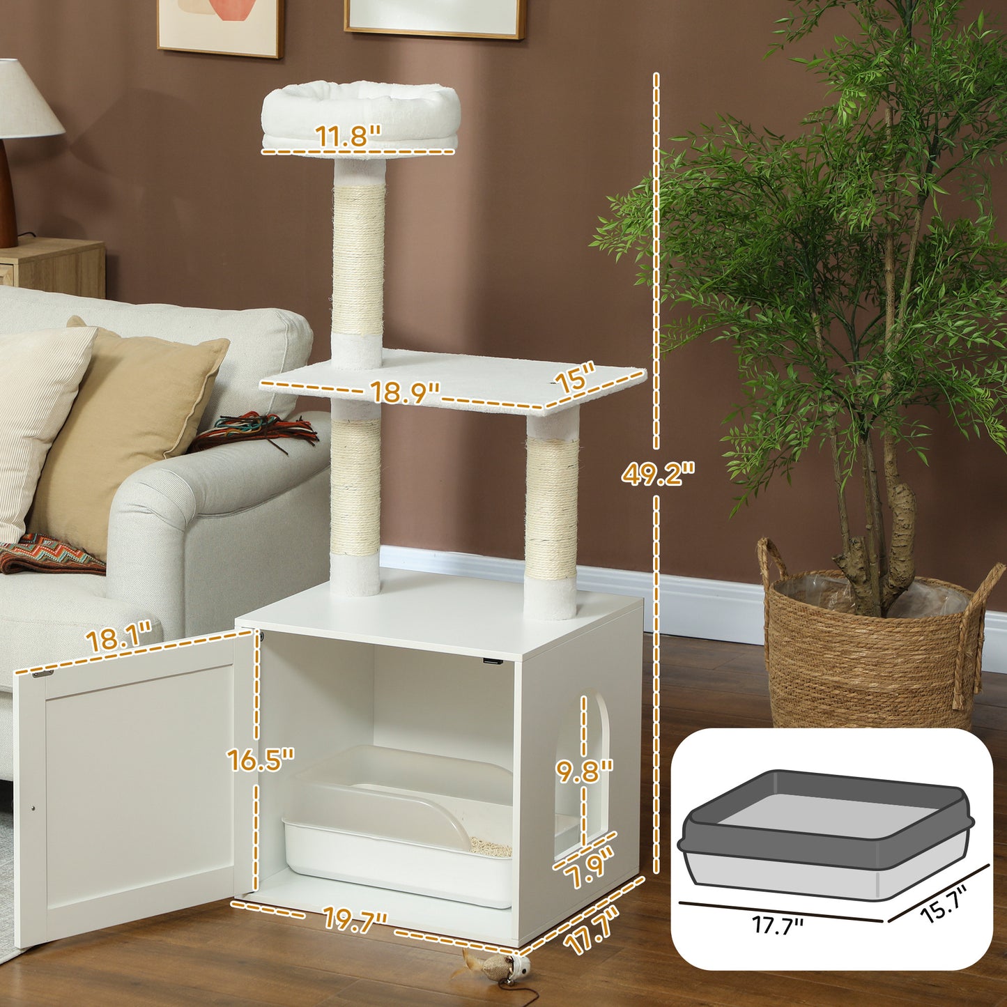 Cat Tree with Litter Box Enclosure - Multi-Level Scratching Tower