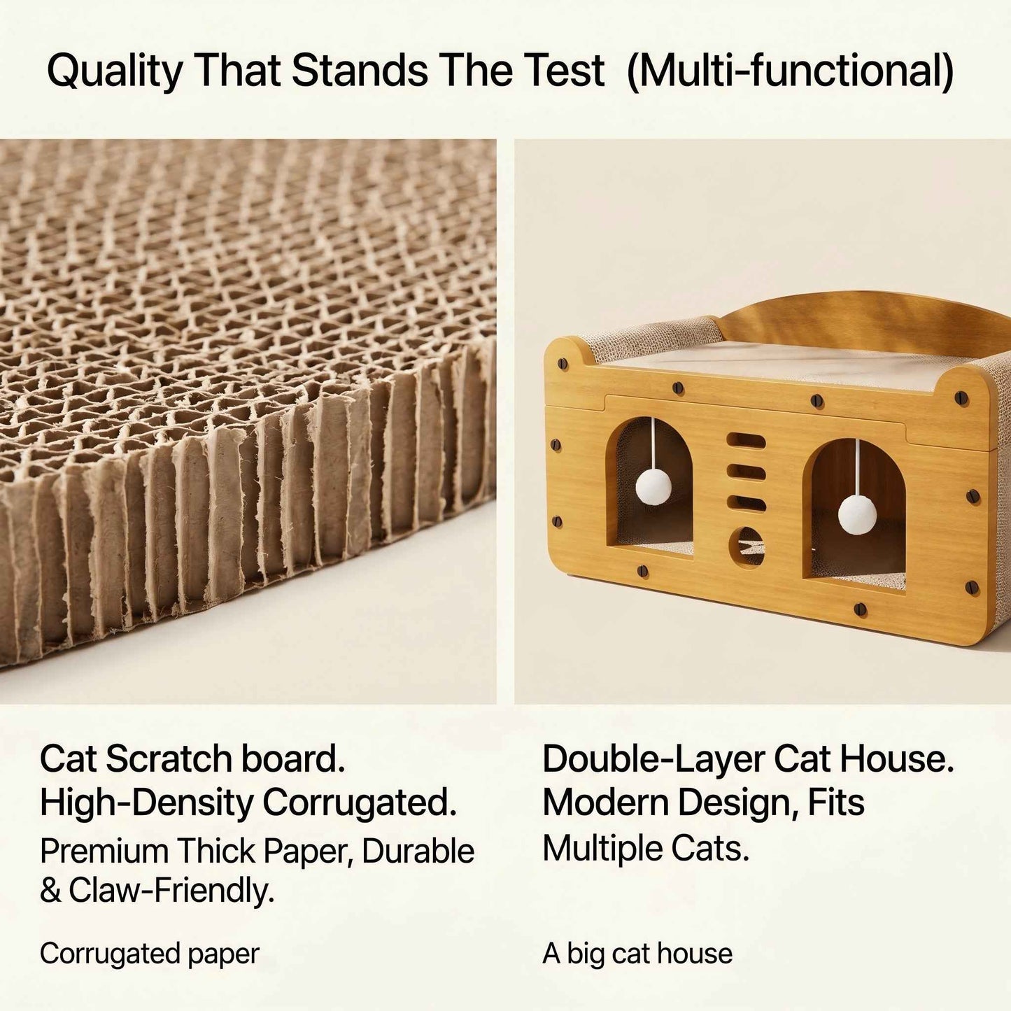 Multi-Style Double-Layer Cat Scratcher House, 2-Tier Large Cat Villa Bed With Corrugated Cardboard, Interactive Hanging Balls & Ergonomic Neck Support, Furniture-Saving Hideaway Cave For Indoor Cats
