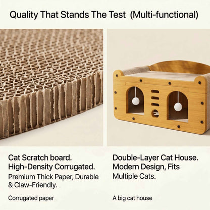 Multi-Style Double-Layer Cat Scratcher House, 2-Tier Large Cat Villa Bed With Corrugated Cardboard, Interactive Hanging Balls & Ergonomic Neck Support, Furniture-Saving Hideaway Cave For Indoor Cats
