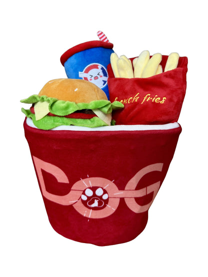 Wefulfil fast food dog toy set plush burger fries and soda in red bucket with paw logo for pets