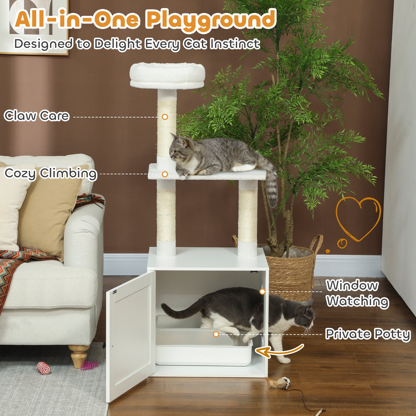 Cat Tree with Litter Box Enclosure - Multi-Level Scratching Tower