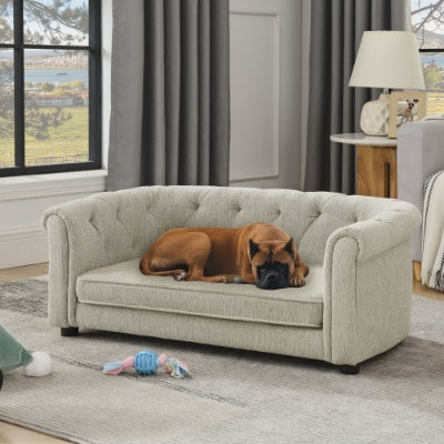 Pet Sofa With Arc-shaped Backrest And Armrests, Contemporary Rectangular Pet Sofa Crafted From Breathable Linen Cozy Soft Cushion Dog Sofa