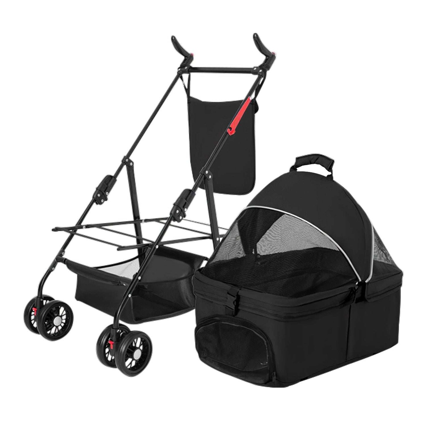 Pet Travel Stroller - Foldable 4-Wheel Carrier With Storage Basket