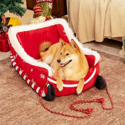 Christmas Sled Pet Bed with Reindeer Design for Small Dogs - Purrfect Pet Haven