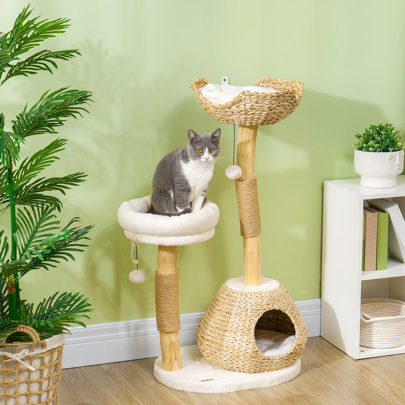 Cat Tree 41" Natural Wood - Jute Posts Condo Beds Toy Balls