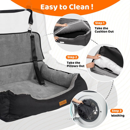 Coral Fleece Dog Booster Seat, Pet Travel Bed With Storage And Clip-on Leash, For Large Dogs 70 Lbs Or 2 Medium,Small Dogs