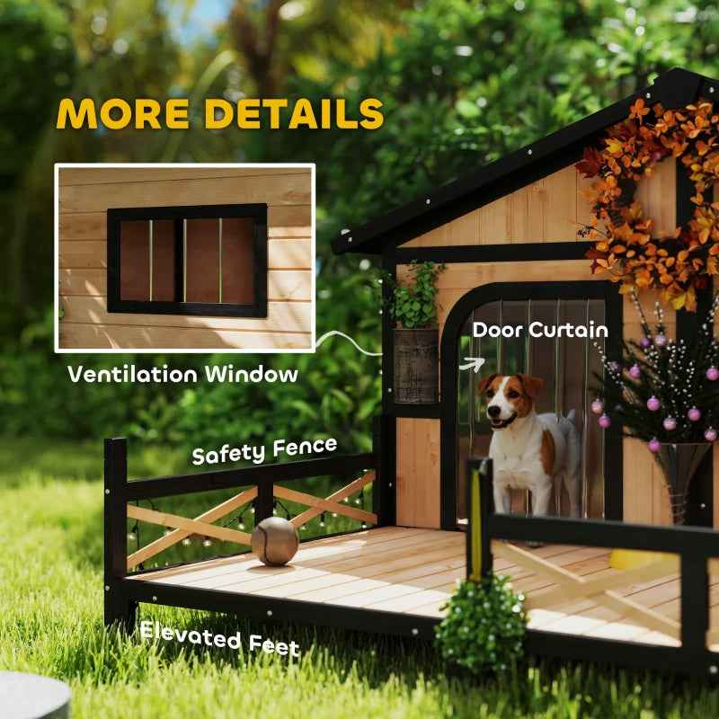Dog House Outdoor, Wooden Dog Kennel Weatherproof With Porch, Openable Roof, Removable Bottom, Elevated Floor, Double Room For 2 Small To Medium Breeds, Natural