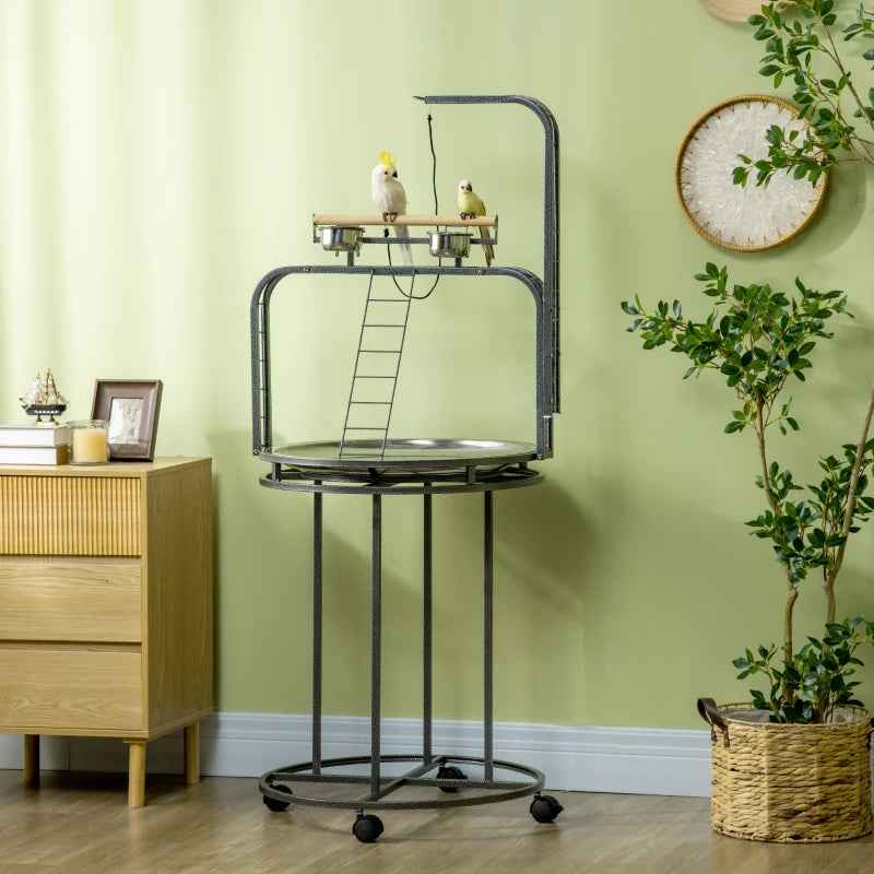 PawHut Parrot Stand Large Bird Perch Stand With Toy Hook  3 Ladders, Parrot Perch, Bird Wooden Stand, Gray