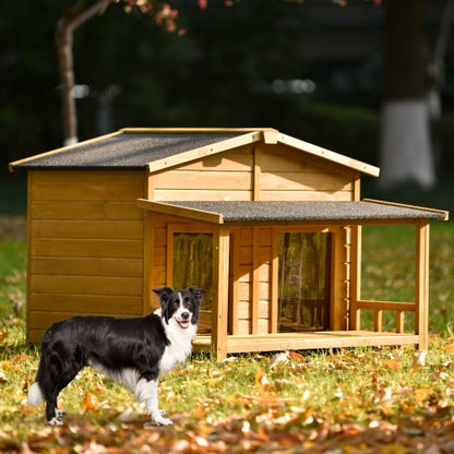 Large Wooden Dog House with Porch - Outdoor Hut Style Kennel