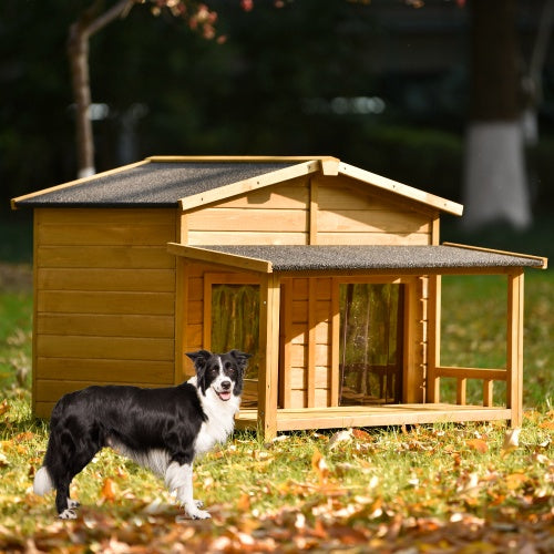 Large Wooden Dog House with Porch - Outdoor Hut Style Kennel