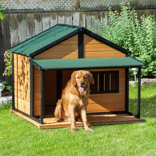 Outdoor Cabin Style Dog House - Wooden Raised Pet Kennel