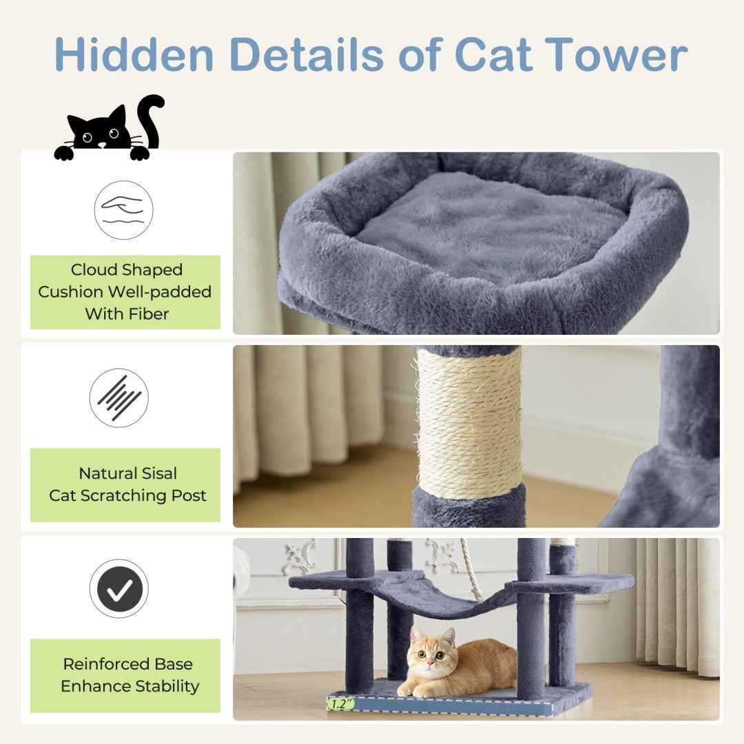 66-Inch Cat Tree Tower - Multi-Level with 2 Condos & Hammock - Purrfect Pet Haven
