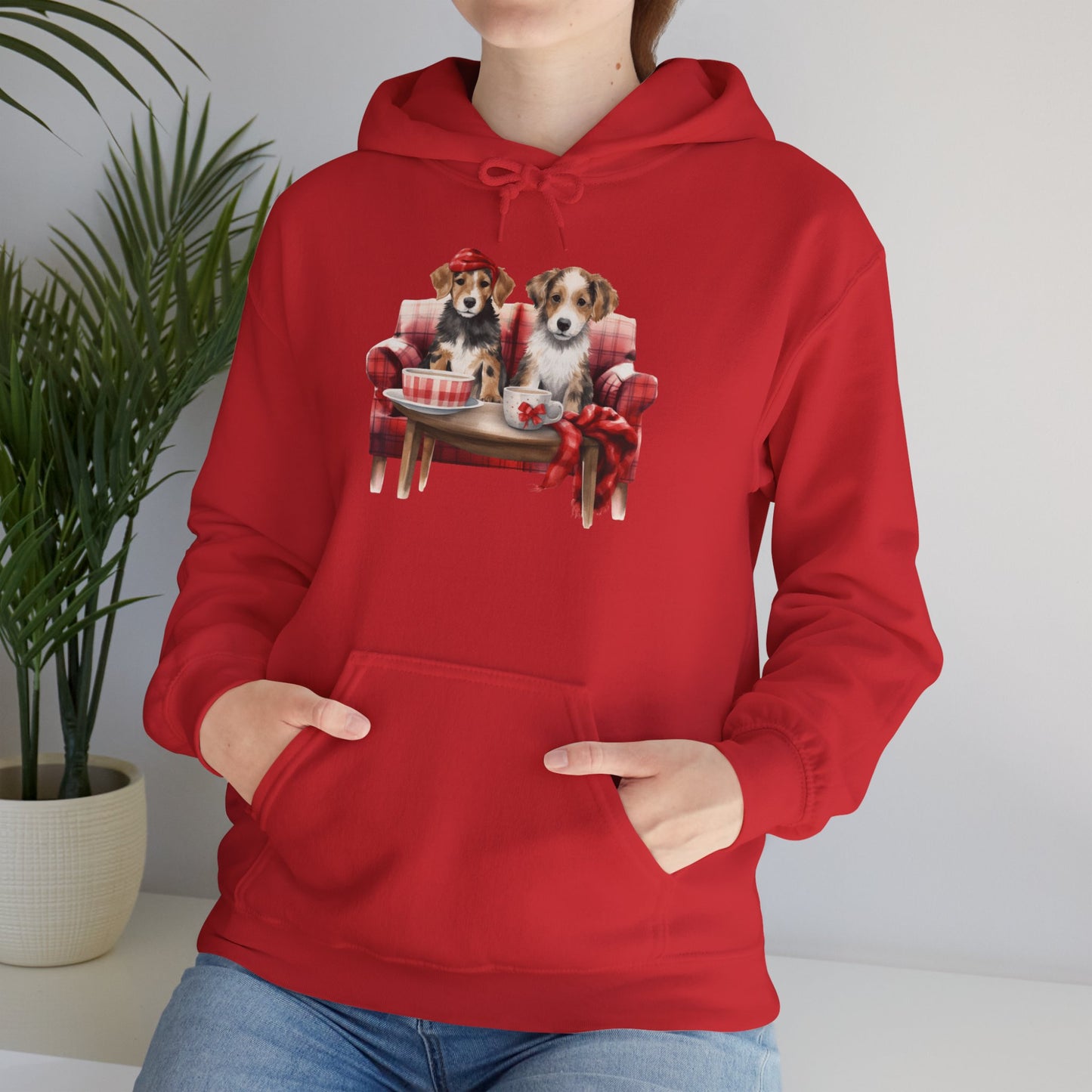 Christmas Puppies Hoodie - Festive Dogs on Sofa Holiday Sweatshirt