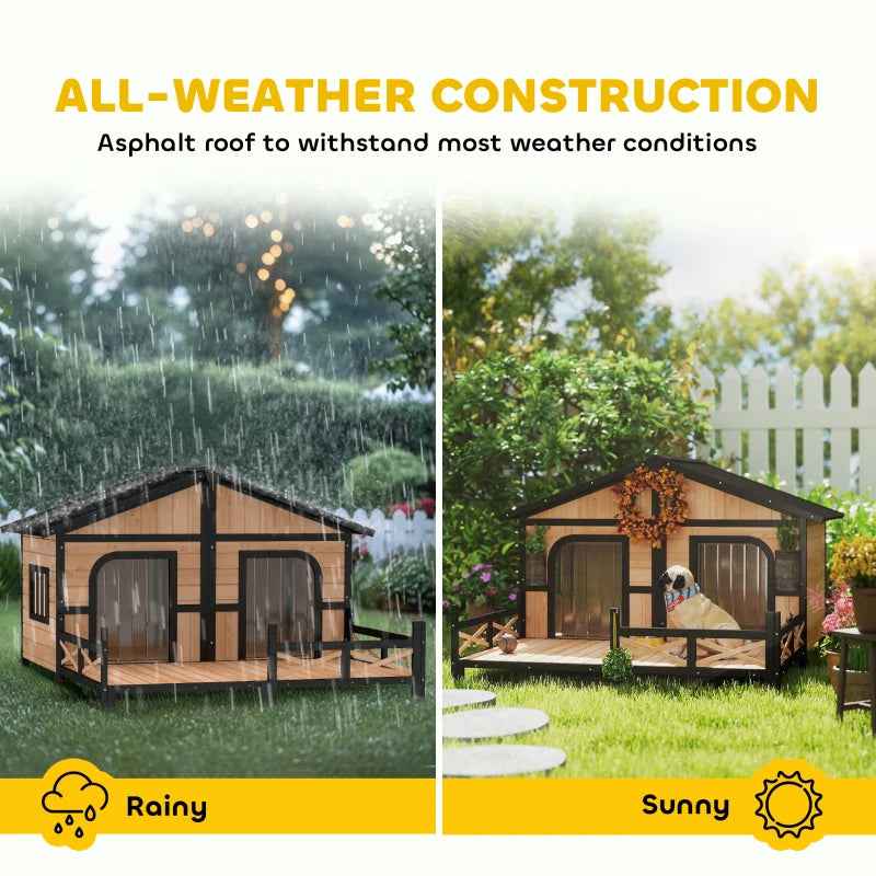 Dog House Outdoor, Wooden Dog Kennel Weatherproof With Porch, Openable Roof, Removable Bottom, Elevated Floor, Double Room For 2 Small To Medium Breeds, Natural