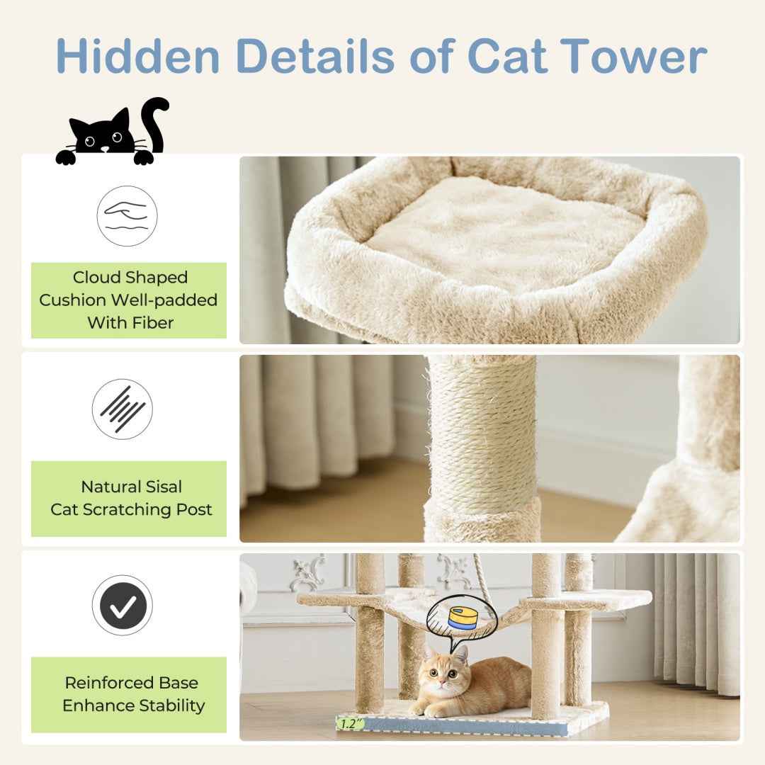 66-Inch Cat Tree Tower - Multi-Level with 2 Condos & Hammock - Purrfect Pet Haven